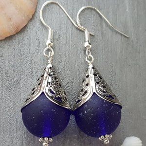 Retro Style Cobalt Blue Sea Glass Earrings Women Jewelry Gift